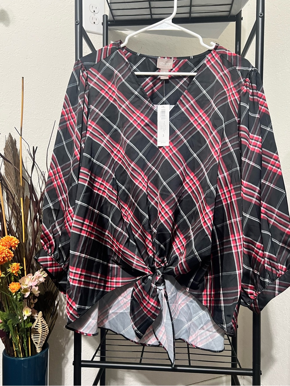 NWT Chico's Black and Red Plaid Tie-Front Button Down Top Size 3X